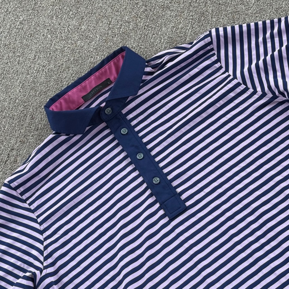 Greyson‎ Mens Large Striped Golf Polo Shirt Navy Lavender Purple Performance L